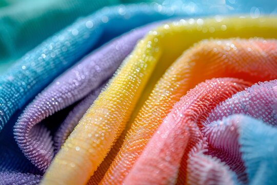 Macro shot of colorful coiled fabric with water droplets on a bright, blue background - Powered by Adobe