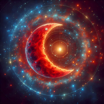 Half a Red Moon, with a galaxy forming inside it.
Red Moon, with a galaxy forming inside it
Metade de uma Lua Vermelha, com uma gal&aacute;xia se formando dentro dela..