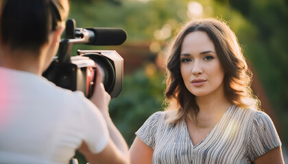 Portrait of a beautiful young actress on set. Being filmed by a professional movie-camera.