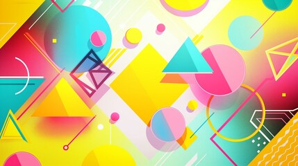 A vibrant geometric summer background featuring colorful triangles, circles, and squares, with a bright and cheerful color palette of yellows, pinks, and blues