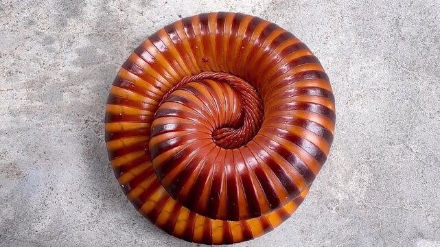 a millipede curling up into a spiral. Millipedes often curl up in this way as a defensive behavior to protect their softer body parts when they feel threatened