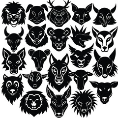 Animals heads drawn vector illustrations different sorts silhouettes set