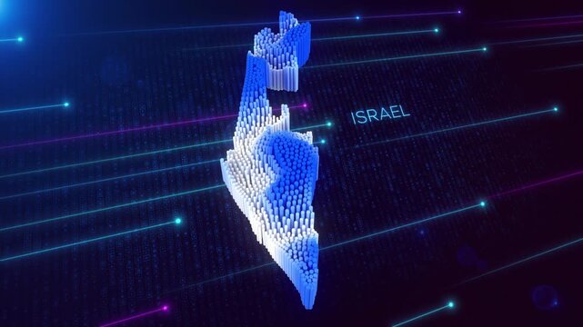 Digital Motion 3D Perspective Dynamic Rippling Map of Israel in Blue and White, Set Against Dark Futuristic Background with Binary Code and Neon Lines, Seamless Loop