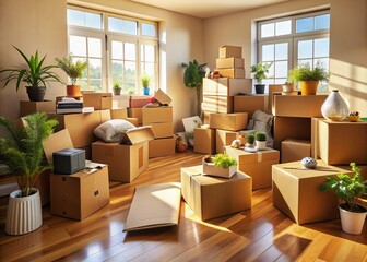 A cluttered room with cardboard boxes and packing paper scattered everywhere, capturing the chaos of moving into a new home, warm natural light illuminates the space.