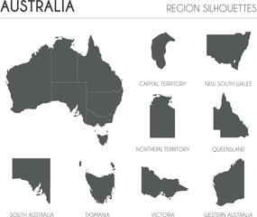 Australia region silhouettes set and blank map of the country isolated on white background. Vector illustration design