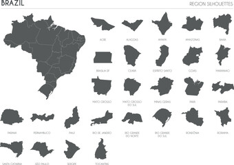 Brazil region silhouettes set and blank map of the country isolated on white background. Vector illustration design
