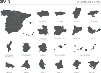 Spain region silhouettes set and blank map of the country isolated on white background. Vector illustration design
