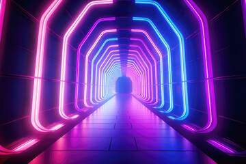 generated illustration of tunnel, neon light abstract background, round arcade, portal.