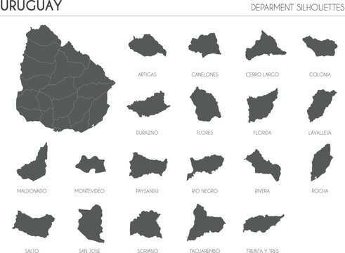 Uruguay region silhouettes set and blank map of the country isolated on white background. Vector illustration design