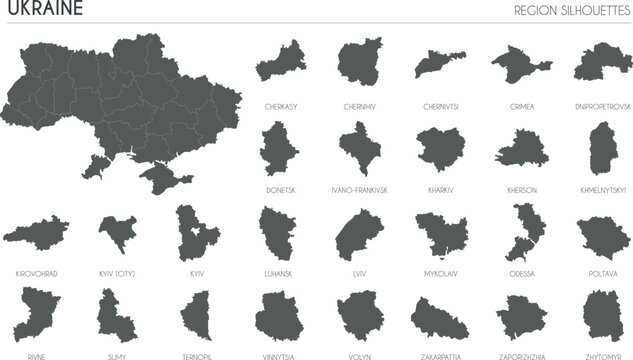 Ukraine region silhouettes set and blank map of the country isolated on white background. Vector illustration design