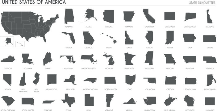 USA region silhouettes set and blank map of the country isolated on white background. Vector illustration design
