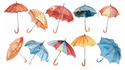 Obraz premium Cute cartoon umbrellas set. White background. Watercolor illustrations set
