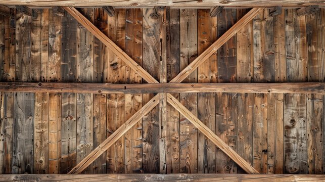 A rustic wooden ceiling with exposed beams and a warm, natural finish