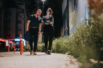 Two business professionals walking and discussing work on an urban street at night, using a digital tablet.