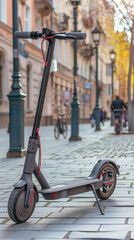 Cutting-Edge E-Scooter in Trendy Downtown: Seamlessly Blending Style and Technology