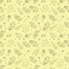 Seamless floral pattern, abstract flower print in romantic vintage style. Elegant botanical design in pink pastel colors: hand drawn wild flowers, leaves in abstract composition. Vector illustration.