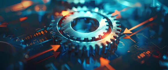 Fototapeta premium Process management and optimization: Illustration of cog gear wheels with arrows representing operation and fix strategy in an industry setting. Features transmission gear wheels, software update stat