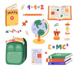 Cute cartoon set with kids school supplies. Hand drawn collection of schoolbag, textbook, globe, stationery, snack, bell, formula. Back to school clipart for study, draw and work isolated on white.