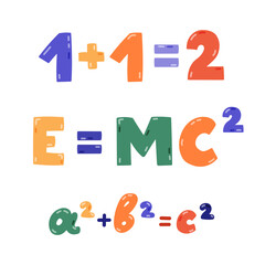 Cute cartoon set with lettering of physical and mathematical formulas. Concept of back to school. E equals MC squared, 1 plus 1 equals 2, A plus B equals C. Hand drawn clipart isolated on white.