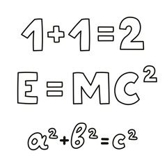 Cute doodle set with lettering of physical, mathematical formulas. Concept of back to school. E equals MC squared, 1 plus 1 equals 2, A plus B equals C. Hand drawn outline clipart isolated on white.