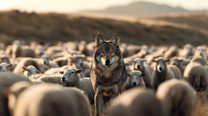 Obraz premium A wolf standing amidst a large herd of sheep in an outdoor field during sunset or sunrise.
