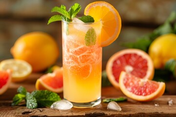 Refreshing Citrus Juice with Orange, Grapefruit, and Lemon Garnished with Mint on a Wooden Table