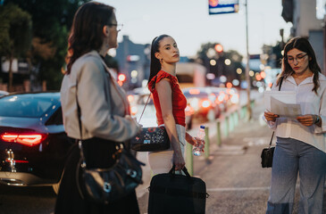 Three businesswomen standing on a busy city street during rush hour at dusk, with traffic and city lights in the background.