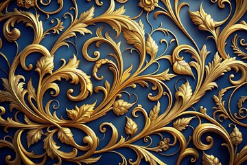 Intricate golden botanicals swirl amidst ornate curls and flowing lines, set against a rich blue background, evoking the opulence and elegance of Art Nouveau.