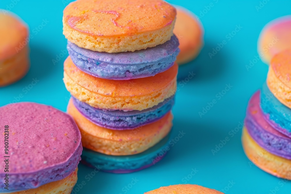 Poster Vibrant stack of french macarons in purple and orange against a bright blue backdrop