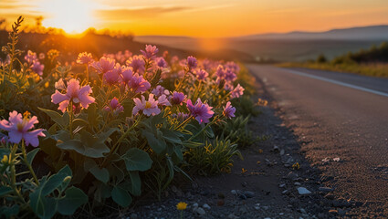 Fototapeta premium flowers on the side of the road with the sunrise in the background