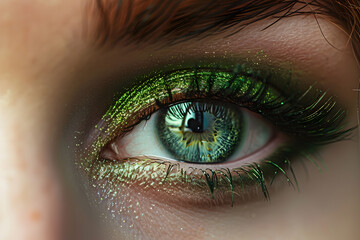 Fototapeta premium Close up of woman's eye with green St. Patrick's Day eyes makeup