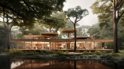 Sustainable glass office building with wooden elements for eco friendly and green workspace