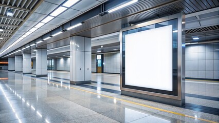 Empty white billboard stands at a modern railway station, a large screen poster mockup in a spacious metro hallway awaiting custom advertising design and branding.