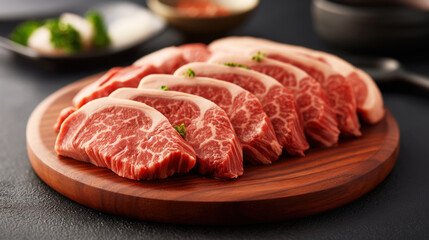 Thinly sliced marbled wagyu beef arranged on a wooden cutting board, with garnishing and other ingredients in the background.