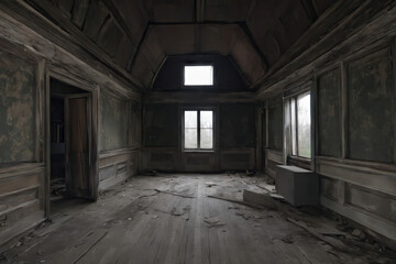 An empty room of an abandoned house with walls weathered away by time, Generative AI