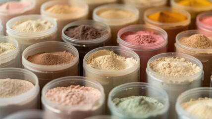 A collection of various protein powdered ingredients displayed in clear plastic containers.