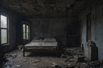 An empty room of an abandoned house with walls weathered away by time, Generative AI