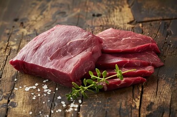 meat, raw beef cut in strips on a wooden table with thyme leaves