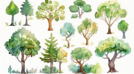 Cartoon trees set. White background. Watercolor illustrations