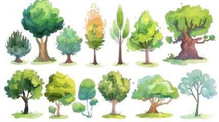 Fototapeta premium Cartoon trees set. White background. Watercolor illustrations