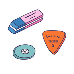 Cute colorful doodle set of pencil erasers for work, study in university. Classic, round, triangle rubber set for drawing, writing, correcting. School supply for kids with hand drawn outline