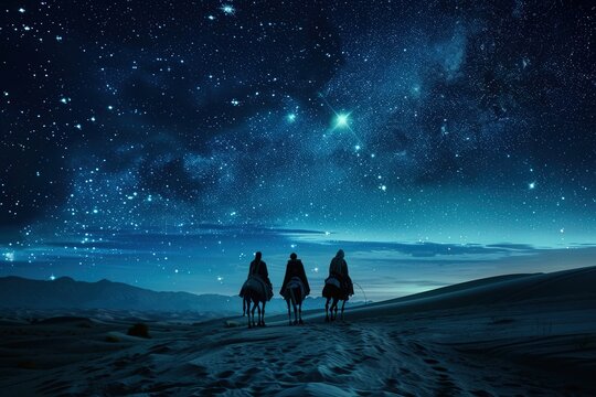 The Three Wise Men carry gifts through the desert guided by the stars. Christmas concept.