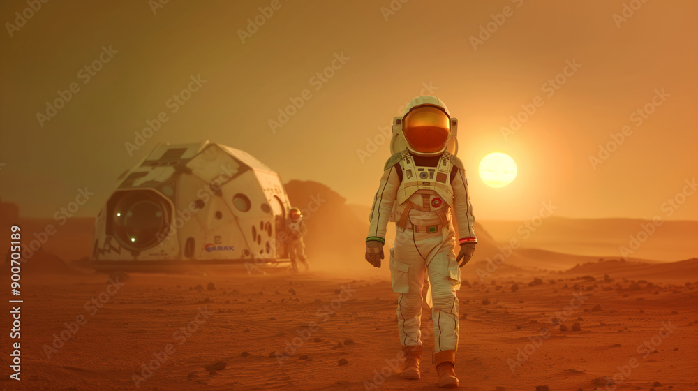 Wall mural astronaut walking on the martian surface with a habitat module in the background