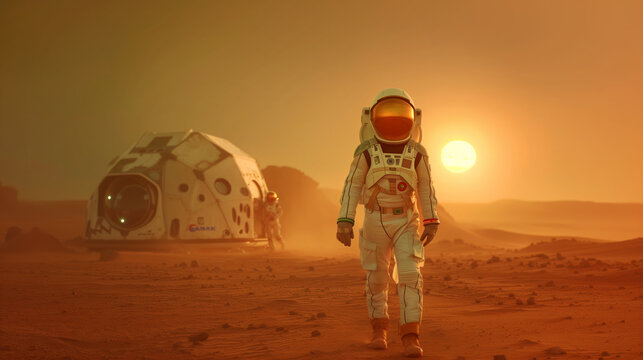 Astronaut walking on the Martian surface with a habitat module in the background