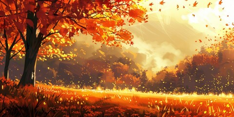 wallpaper of autumn leaves waving in wind by tree in hill at sunset