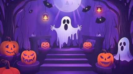 Cartoon ghost haunting pumpkins in spooky forest scene