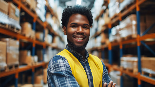 African-American man warehouse worker is standing in warehouse aisle, confident and smiling, copy space