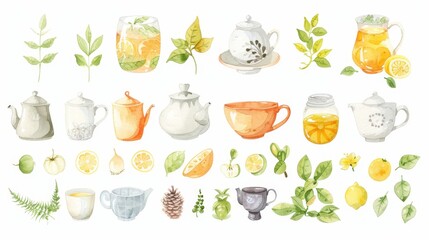 Tea ingredients. White background. Watercolor illustrations