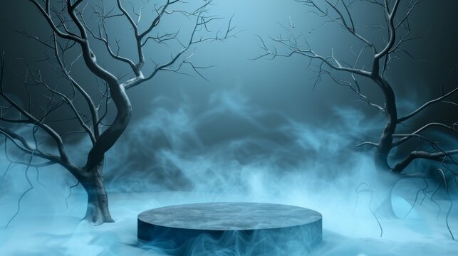 Mysterious foggy platform between dead trees at night