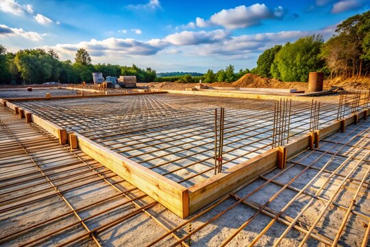 Freshly poured concrete foundation for a new building, with steel rebars and wooden planks, sprawled out on a barren land, awaiting construction rise.